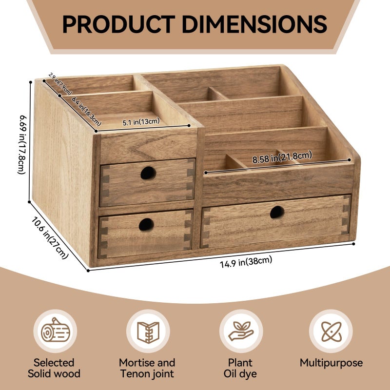 KIRIGEN Wood Makeup Organizer Storage Cabinet Tabletop Cosmetic Organizer Jewelry Storage Box 8 Compartment Makeup Display Case with 3 Drawers Brown(HZG-DBR) - Image 5