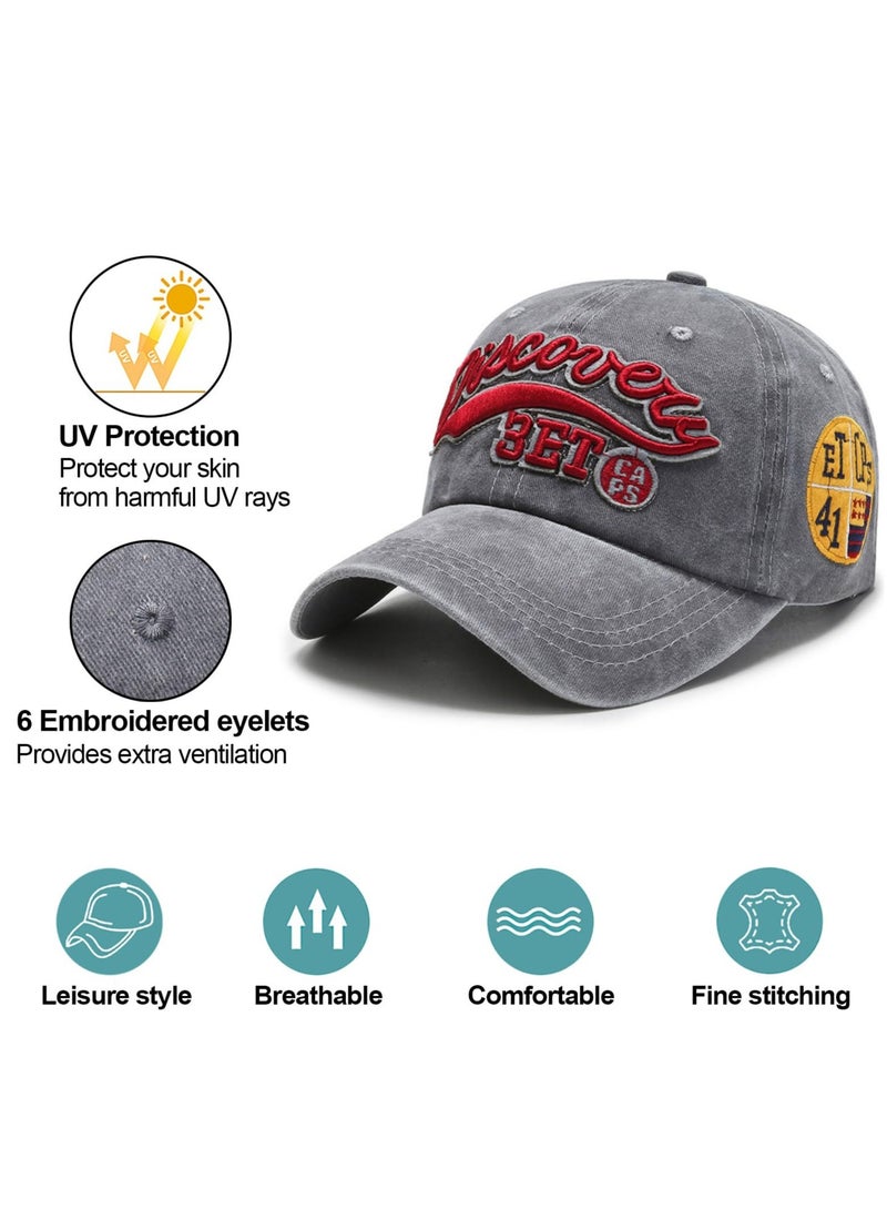 Excefore Distressed Denim Baseball Cap, Unisex Casual Cotton Washed Embroidered Letters Trucker Hat, Adjustable Spring Autumn Baseball Cap, Vintage Anti UV Summer Sun Hat (Grey) - Image 2