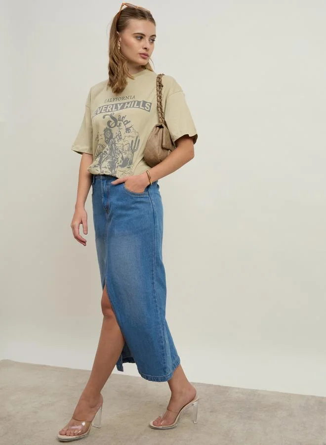 ستايلي Styli Khaki Beverly Hills Graphic Oversized T-Shirt