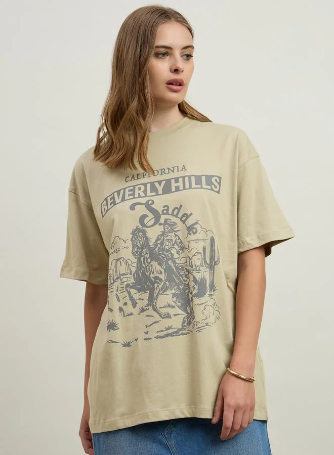 ستايلي Styli Khaki Beverly Hills Graphic Oversized T-Shirt