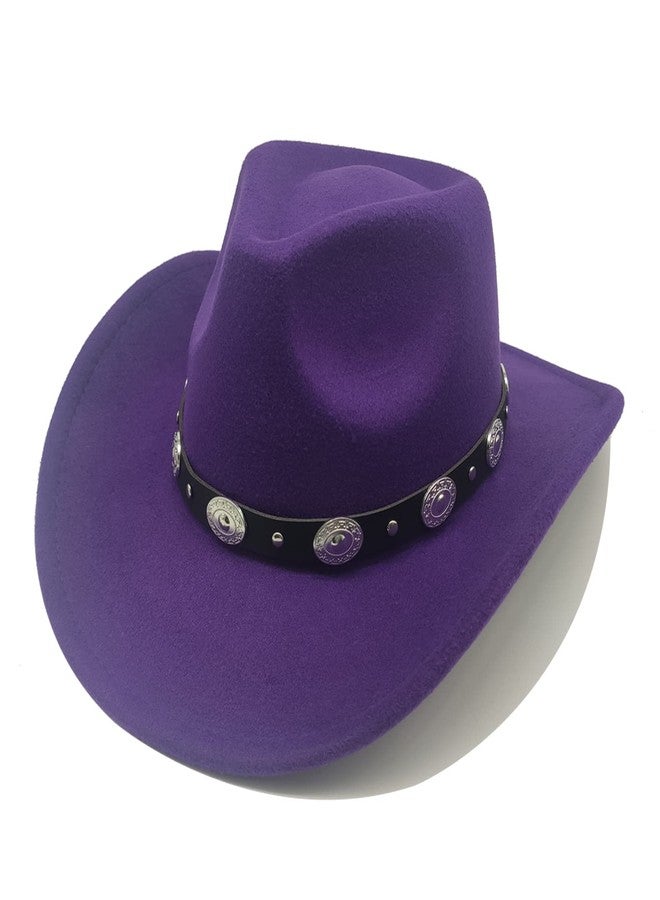 Willheoy Classic Western Cowboy Hat Cowgirl Hat Unisex Men's & Women's Wide Brim Felt Fedora Hat Flat Top with Buckle Belt Purple - Image 1