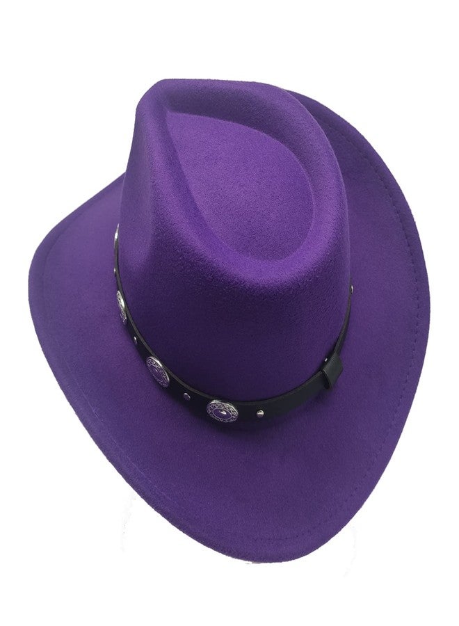 Willheoy Classic Western Cowboy Hat Cowgirl Hat Unisex Men's & Women's Wide Brim Felt Fedora Hat Flat Top with Buckle Belt Purple - Image 5