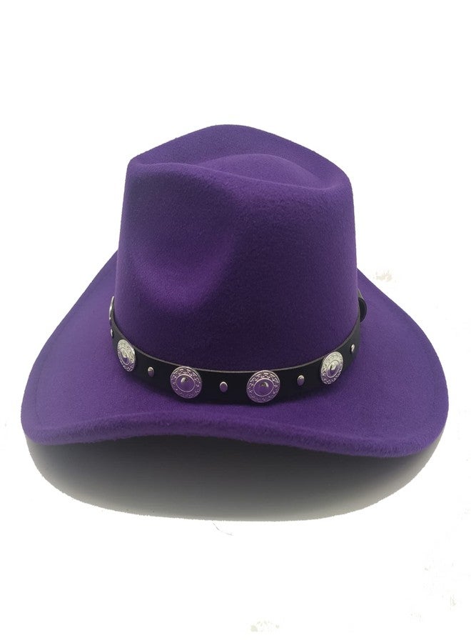 Willheoy Classic Western Cowboy Hat Cowgirl Hat Unisex Men's & Women's Wide Brim Felt Fedora Hat Flat Top with Buckle Belt Purple - Image 3