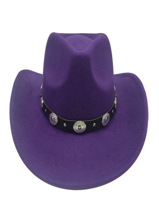 Willheoy Classic Western Cowboy Hat Cowgirl Hat Unisex Men's & Women's Wide Brim Felt Fedora Hat Flat Top with Buckle Belt Purple - Image 2