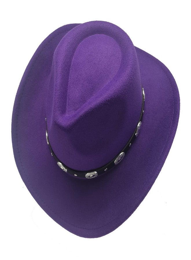 Willheoy Classic Western Cowboy Hat Cowgirl Hat Unisex Men's & Women's Wide Brim Felt Fedora Hat Flat Top with Buckle Belt Purple - Image 4