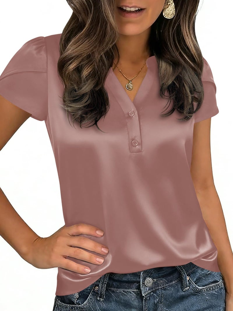 Yousify Women Satin Blouse for Women Business Work Tops Casual Cap Sleeve V Neck Button Down Shirts(Light Coffee,Large) - Image 3