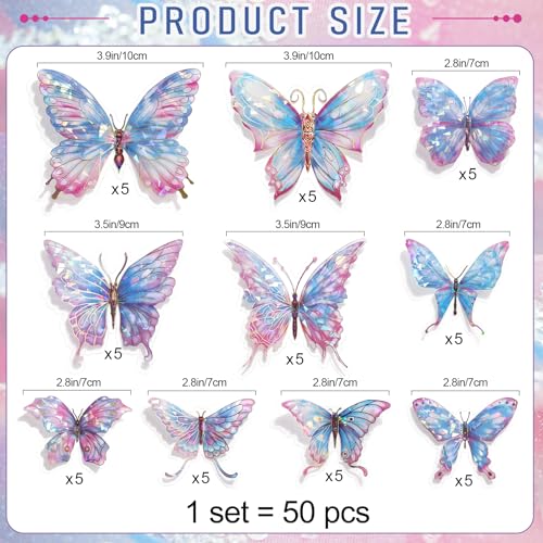 Buiory 3D Butterfly Wall Decor 50PCS Removable PVC Butterflies Wall Stickers MultiSize 2839 DIY Removable Wall Art Decal for Kids Room Nursery Bedroom Classroom Party Decoration Colorful - Image 3