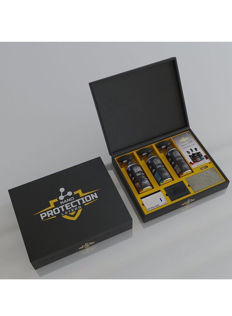 Nano Protection Layers Luxury Kit in the Luxury Kit includes Carpet and Rugs, Leather and Trim, Fabric and Textile | 500ml per bottle.