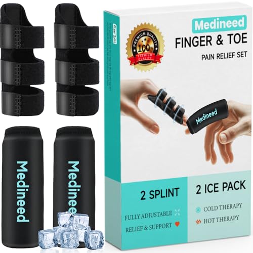 Medineed 2pcs Trigger Finger Splint & 2pcs Finger Ice Pack，Thumb Splint & finger sleeves For Injuries Cold For Pain Relief Injuries, Arthritis, Sprains,Gel Freeze Sleeve Fit Index, Middle, Thumb, Ring（Black2+2） - Image 1