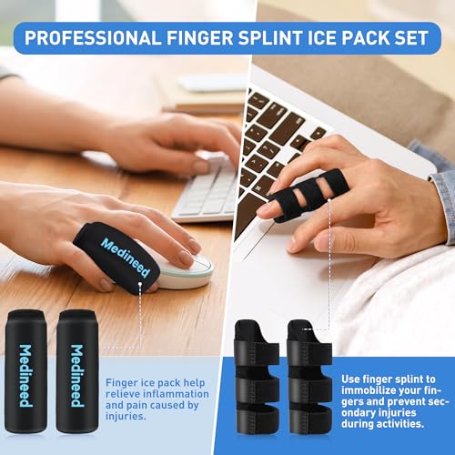 Medineed 2pcs Trigger Finger Splint & 2pcs Finger Ice Pack，Thumb Splint & finger sleeves For Injuries Cold For Pain Relief Injuries, Arthritis, Sprains,Gel Freeze Sleeve Fit Index, Middle, Thumb, Ring（Black2+2） - Image 2