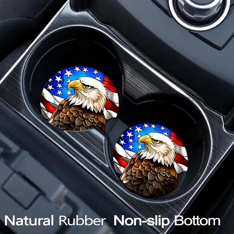 Ldntly Car Coasters for Cup Holders,2 Pack US Flag and Bald Eagle Car Coasters,2.75" Universal Size Anti Slip Rubber Mat,Automotive Cup Holder Decor Accessories,US Flag Gifts for Women,Men,Mom - Image 2