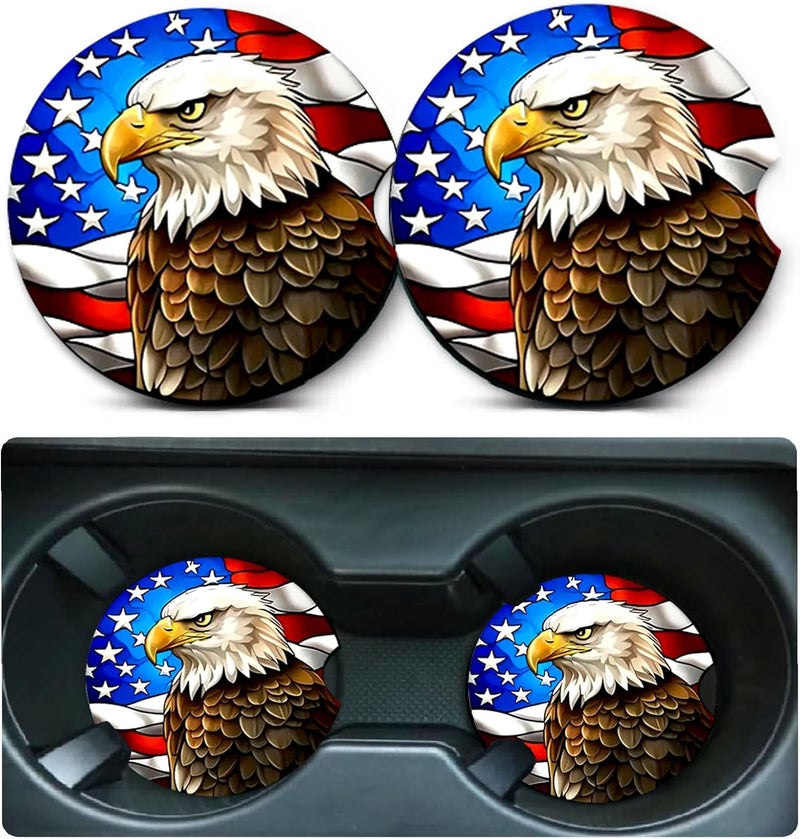 Ldntly Car Coasters for Cup Holders,2 Pack US Flag and Bald Eagle Car Coasters,2.75" Universal Size Anti Slip Rubber Mat,Automotive Cup Holder Decor Accessories,US Flag Gifts for Women,Men,Mom - Image 1