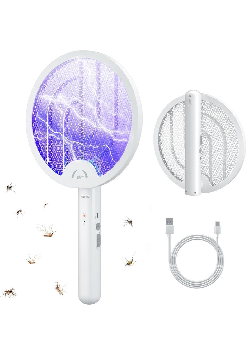 VIUAUAX مضرب ذباب كهربائي، 4000 فولت، 2 في 1، مضرب حشرات، مبيد ذباب، مصيدة بعوض، مصباح قابل لإعادة الشحن ببطارية 1200 مللي أمبير، مبيد بعوض للاستخدام الداخلي في المنزل والمكتب والفناء الخلفي والتخييم (أبيض - قابل للدوران) - Image 1