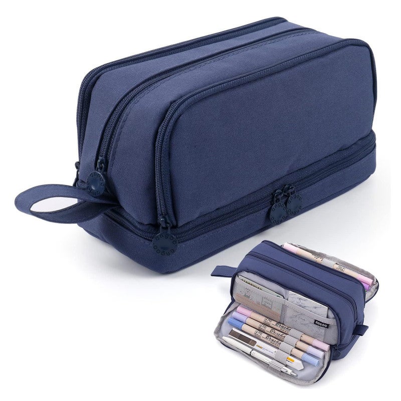 Pencil Case: Dark Blue Durable Polyester Large Capacity - Multiple Compartments With 4 Mesh Pockets Practical Organizer for Students, Office Staff, Writing Supplies & Electronic Storage - Image 1