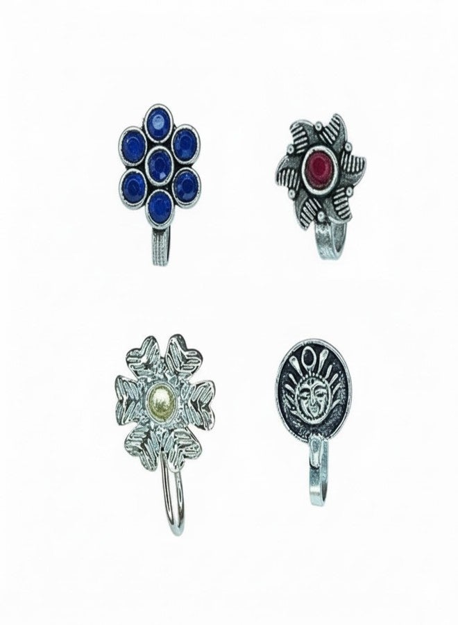 JWELLA Antique Tribal Oxidised Silver Nose Pin Set of 4 for Women and Girls, Clip-On Floral, Sun Face and Stone-Studded Nosepins, Lightweight Traditional Nose Jewellery - Image 1