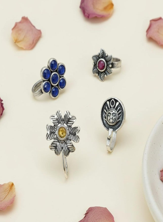 JWELLA Antique Tribal Oxidised Silver Nose Pin Set of 4 for Women and Girls, Clip-On Floral, Sun Face and Stone-Studded Nosepins, Lightweight Traditional Nose Jewellery - Image 2