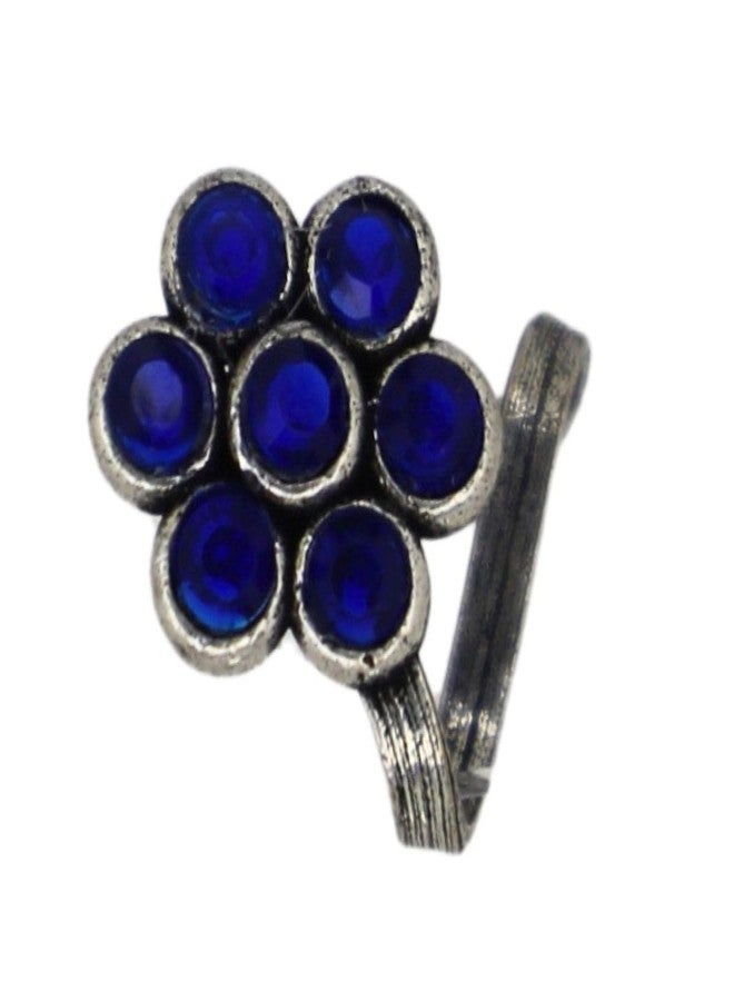 JWELLA Antique Tribal Oxidised Silver Nose Pin Set of 4 for Women and Girls, Clip-On Floral, Sun Face and Stone-Studded Nosepins, Lightweight Traditional Nose Jewellery - Image 3
