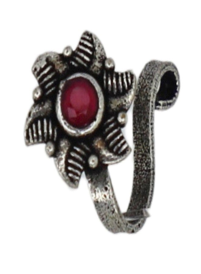 JWELLA Antique Tribal Oxidised Silver Nose Pin Set of 4 for Women and Girls, Clip-On Floral, Sun Face and Stone-Studded Nosepins, Lightweight Traditional Nose Jewellery - Image 4