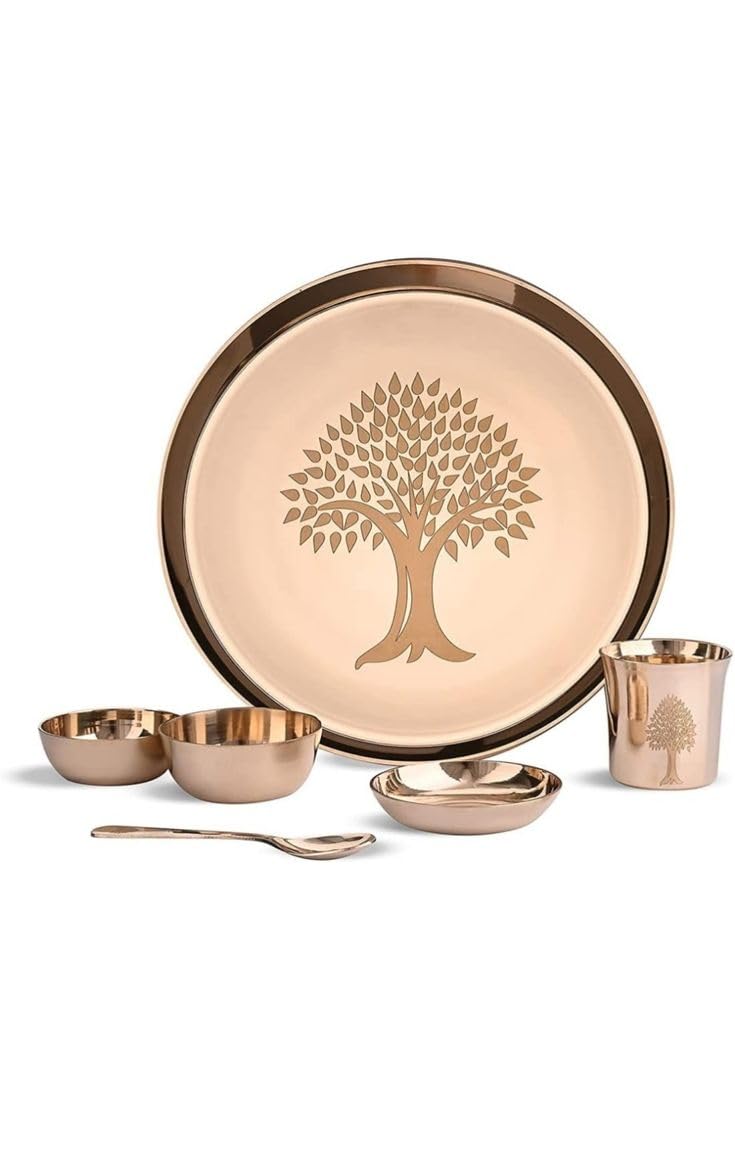 Copperika Luxurious 100% Pure Bronze Kansa Dinner Thali Set of 6 | 1 Platter,2 Bowls,1Tumbler,1 Glass |1 Spoon| Heavy | Ayurvedic Kansa Utensils for Health & Wellness | Ideal Gift for All Occasion - Image 1