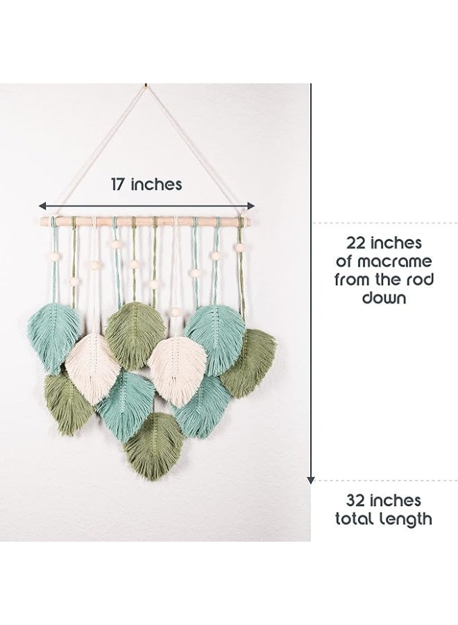 انتيكيانو أوراق مكرمية معلقة على الحائط  ديكور بوهو كبير وأنيق الريش نسيج فني منسوج يدويا لغرفة الأطفال وغرفة النوم المعيشة 43.1 × 55.8 سم أخضر اخضر سيج وبيج - Image 5