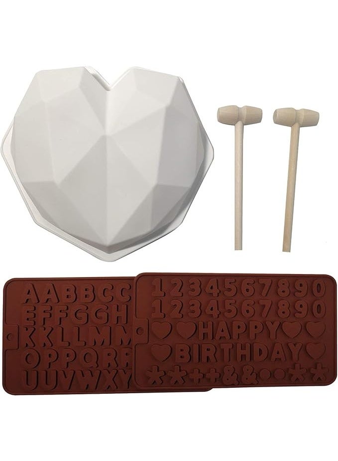 VARMHUS OPPIUPEE 5PCS Set Diamond Heart Silicone Baking Mold Wood Hammers Letter Number Mold Trays for Chocolate Cake Cookie Dessert 3D Birthday DIY  - Image 3