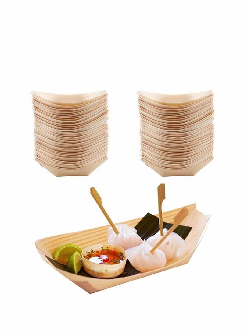 SYOSI Wood Serving Boats, Disposable Bamboo Wood Boats, Dishes Plates Wooden Snack Bowls Food Serving Tray Japanese Sashimi Sushi Boat Light Brown for Party Foods, Snacks, Canap, 50 Pcs  - Image 1