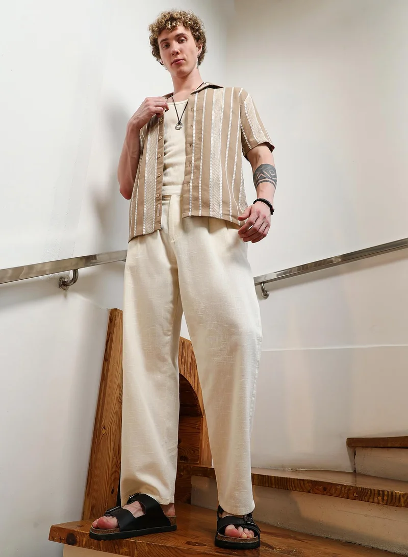 Campus Sutra Campus SutraCream Cotton Relaxed Fit Trousers