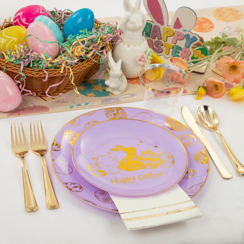 Festiva 175Pcs Easter Plates and Napkins Disposable - Purple and Gold Plastic Dinnerware Set for 50 guests include 50 Plates 25Cups 25Plastic Silverware 25Napkins Perfect for Easter Party - Image 4