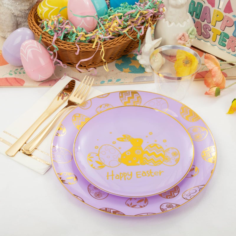 Festiva 175Pcs Easter Plates and Napkins Disposable - Purple and Gold Plastic Dinnerware Set for 50 guests include 50 Plates 25Cups 25Plastic Silverware 25Napkins Perfect for Easter Party - Image 2