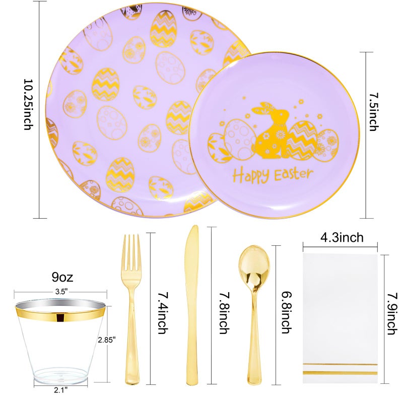 Festiva 175Pcs Easter Plates and Napkins Disposable - Purple and Gold Plastic Dinnerware Set for 50 guests include 50 Plates 25Cups 25Plastic Silverware 25Napkins Perfect for Easter Party - Image 1