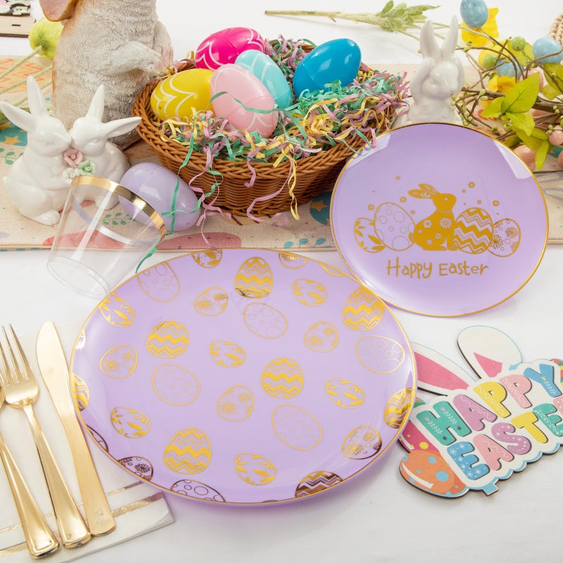 Festiva 175Pcs Easter Plates and Napkins Disposable - Purple and Gold Plastic Dinnerware Set for 50 guests include 50 Plates 25Cups 25Plastic Silverware 25Napkins Perfect for Easter Party - Image 3