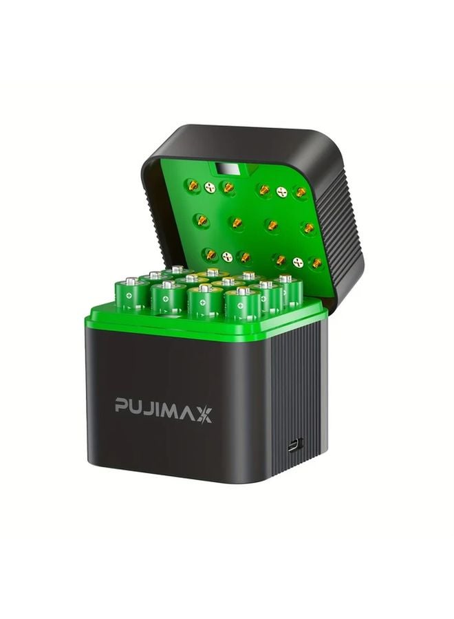 Pujimax 12 Slot AAA Rechargeable Lithium Battery Charging Case with 12 High Capacity Batteries Black - Image 1