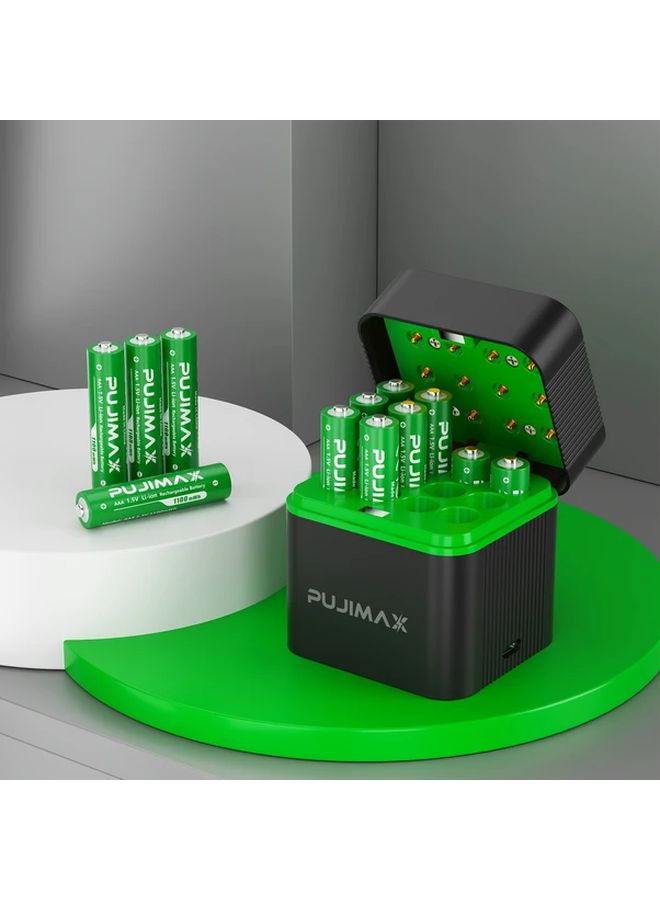 Pujimax 12 Slot AAA Rechargeable Lithium Battery Charging Case with 12 High Capacity Batteries Black - Image 5