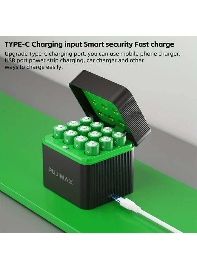 Pujimax 12 Slot AAA Rechargeable Lithium Battery Charging Case with 12 High Capacity Batteries Black - Image 4
