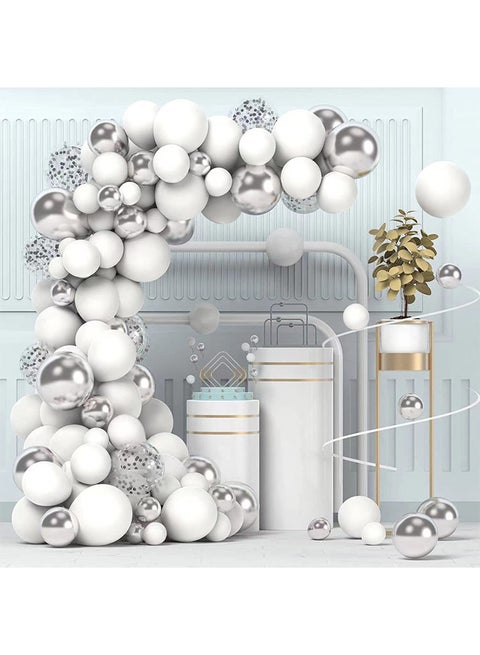 112-pcs Silver White Latex Decorative Balloon Arch Garland Set - Perfect for Graduation Baby Shower Wedding Birthday Bachelorette Party Backdrop Decoration - Suitable for Indoor and Outdoor