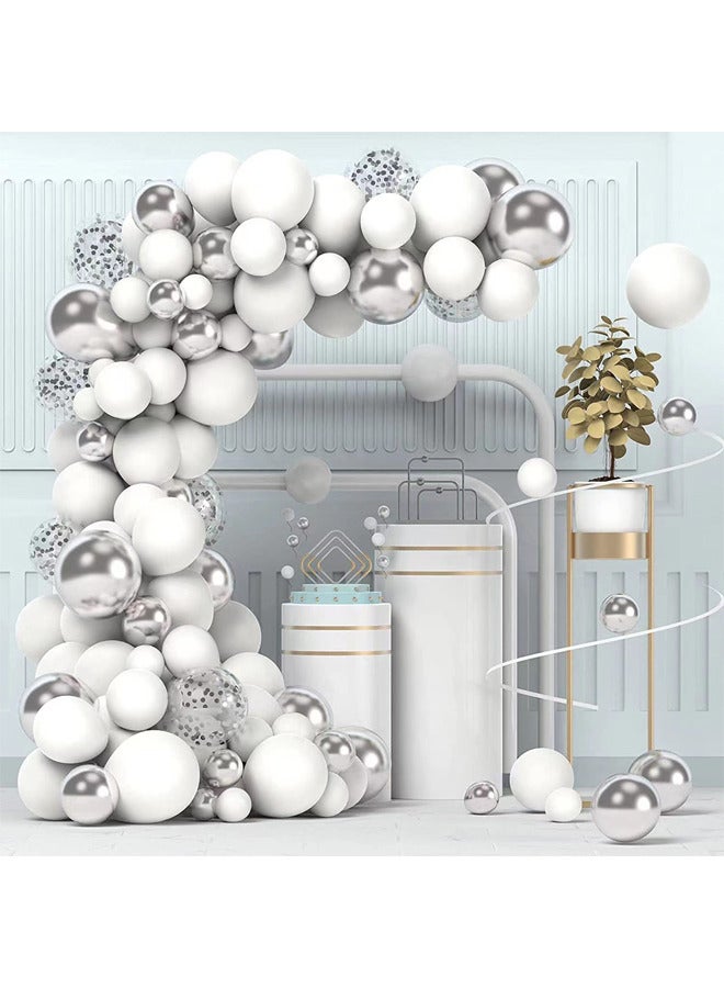 112-pcs Silver White Latex Decorative Balloon Arch Garland Set - Perfect for Graduation Baby Shower Wedding Birthday Bachelorette Party Backdrop Decoration - Suitable for Indoor and Outdoor