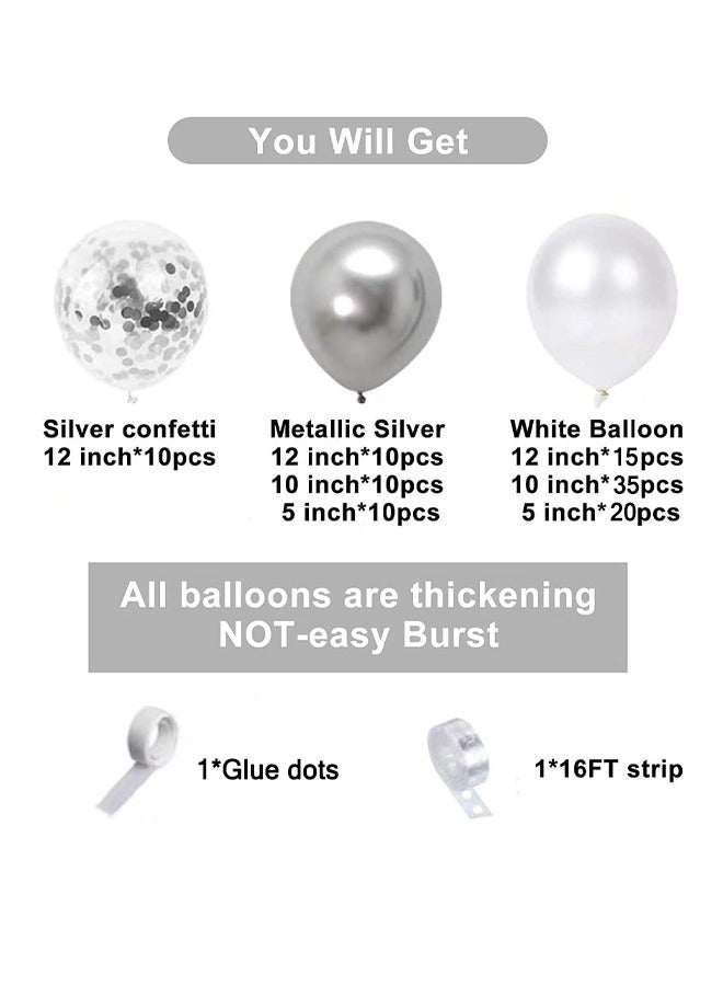 112-pcs Silver White Latex Decorative Balloon Arch Garland Set - Perfect for Graduation Baby Shower Wedding Birthday Bachelorette Party Backdrop Decoration - Suitable for Indoor and Outdoor