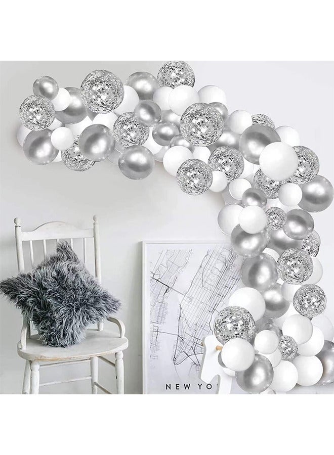 112-pcs Silver White Latex Decorative Balloon Arch Garland Set - Perfect for Graduation Baby Shower Wedding Birthday Bachelorette Party Backdrop Decoration - Suitable for Indoor and Outdoor