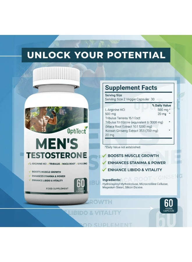 OptiTect Men's Testosterone Booster Capsules, Herbal Blend with Tribulus, Maca Root & Ginseng, Boosts Muscle Growth, Enhances Stamina & Vitality, 60 Veggie Capsules - Image 4