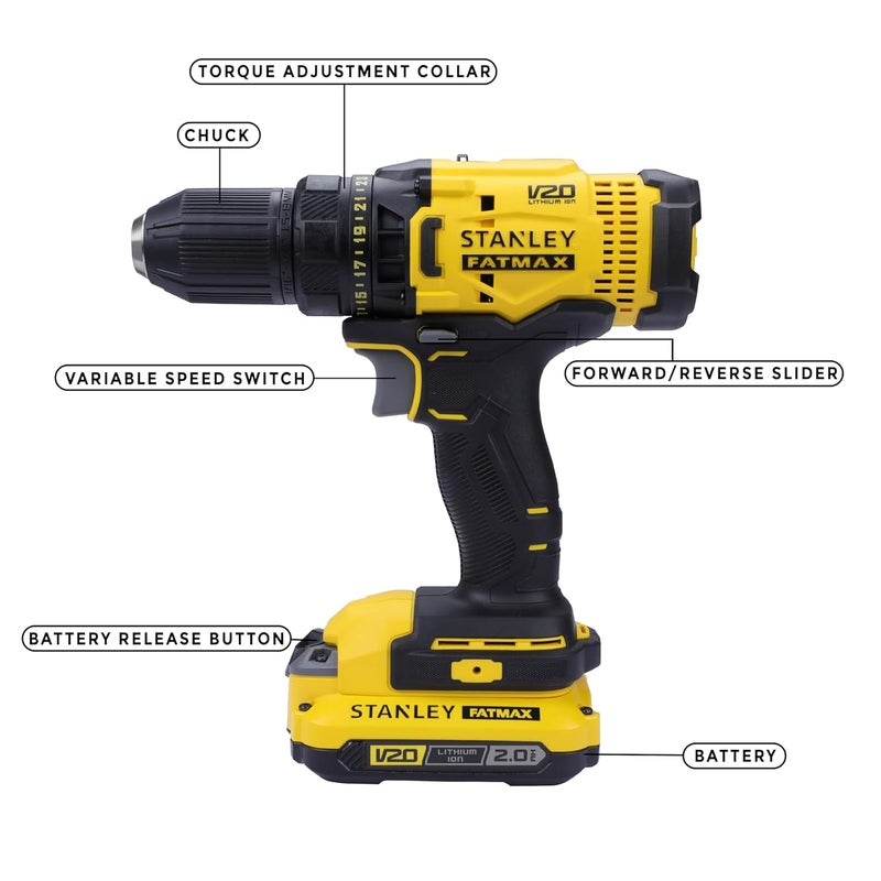 Stanley STANLEY FATMAX SCD700D2KB1 20V 20Ah 13 mm Cordless Brushed Drill Machine Driver With 2x20Ah Liion Batteries and 1pc Charger 2 Speed Gearbox 2 Years Warranty  - Image 4