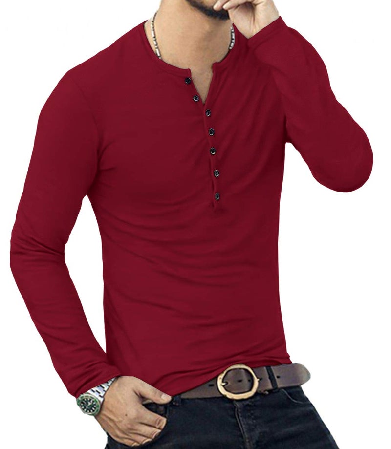 YTD Mens Casual Slim Fit Basic Henley Long Sleeve Fashion T-Shirts M Wine Red - Image 5