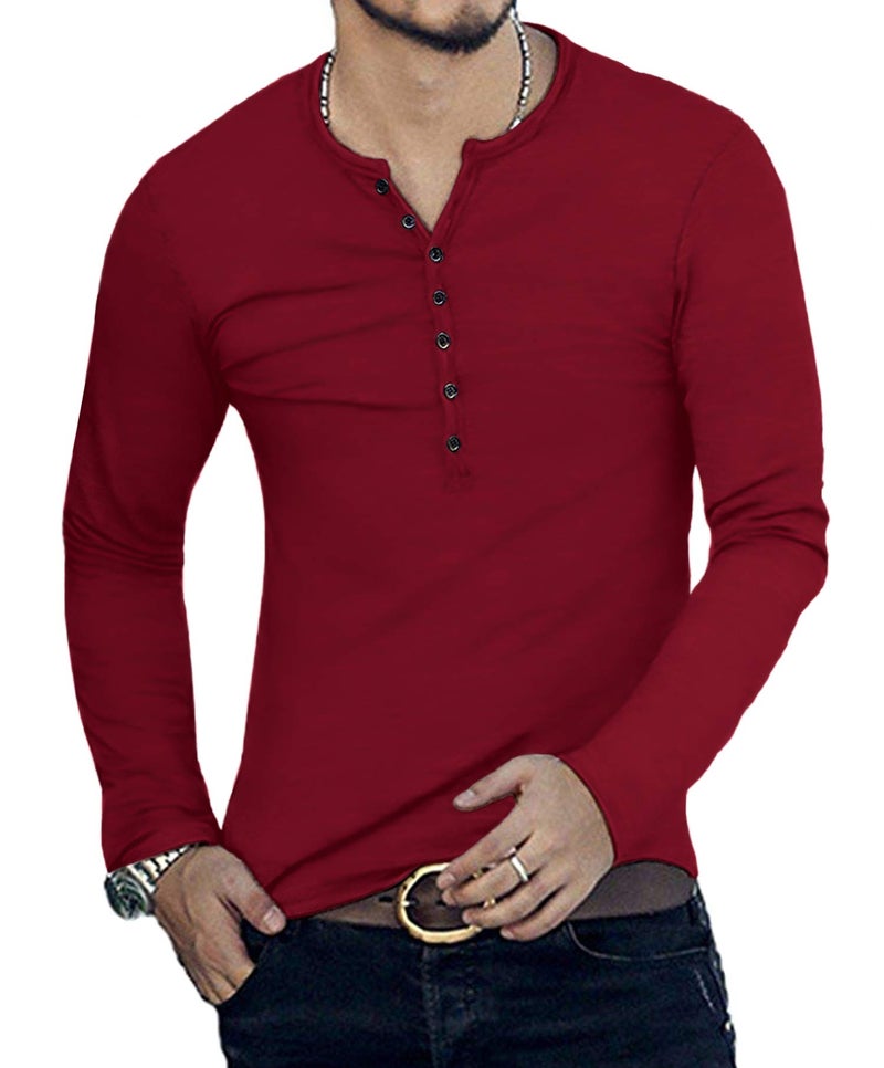 YTD Mens Casual Slim Fit Basic Henley Long Sleeve Fashion T-Shirts M Wine Red - Image 3