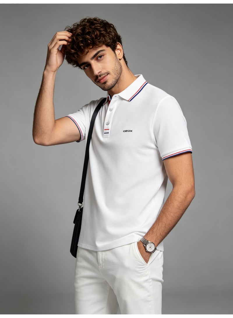 GEOX Unisex Short Sleeve Collar Polo Shirt, Contrast Striped Cuff & Collar, Casual Daily Wear, White - Image 4
