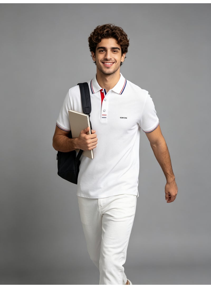 GEOX Unisex Short Sleeve Collar Polo Shirt, Contrast Striped Cuff & Collar, Casual Daily Wear, White - Image 2