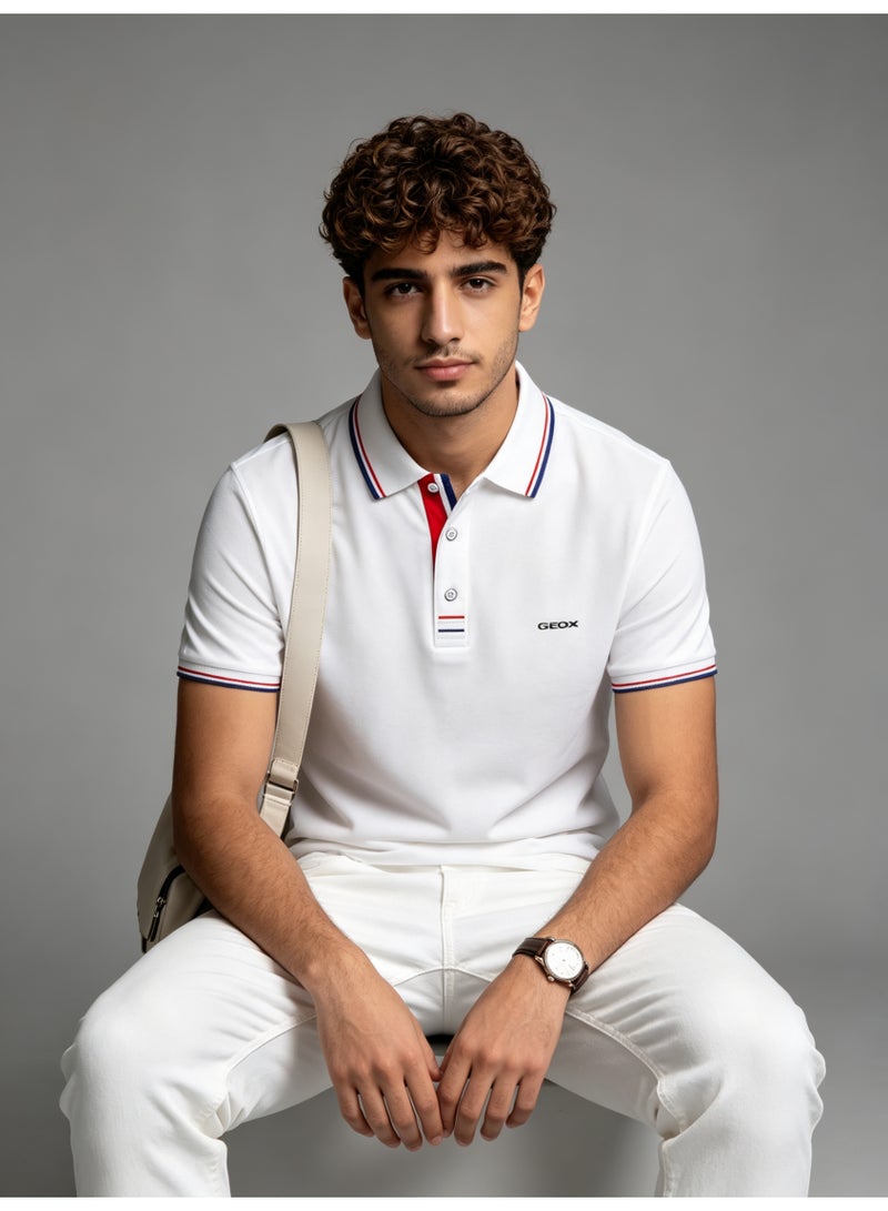 GEOX Unisex Short Sleeve Collar Polo Shirt, Contrast Striped Cuff & Collar, Casual Daily Wear, White - Image 3