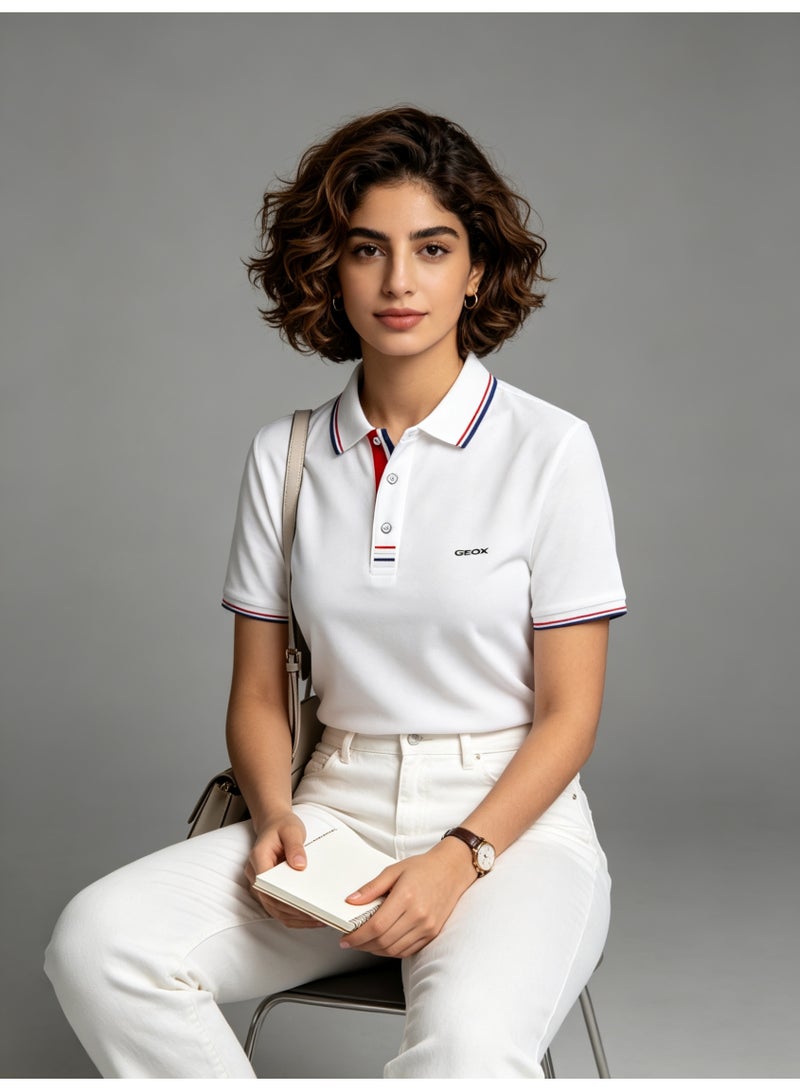 GEOX Unisex Short Sleeve Collar Polo Shirt, Contrast Striped Cuff & Collar, Casual Daily Wear, White - Image 5