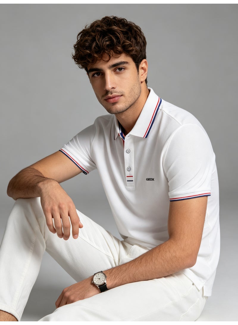 GEOX Unisex Short Sleeve Collar Polo Shirt, Contrast Striped Cuff & Collar, Casual Daily Wear, White - Image 1