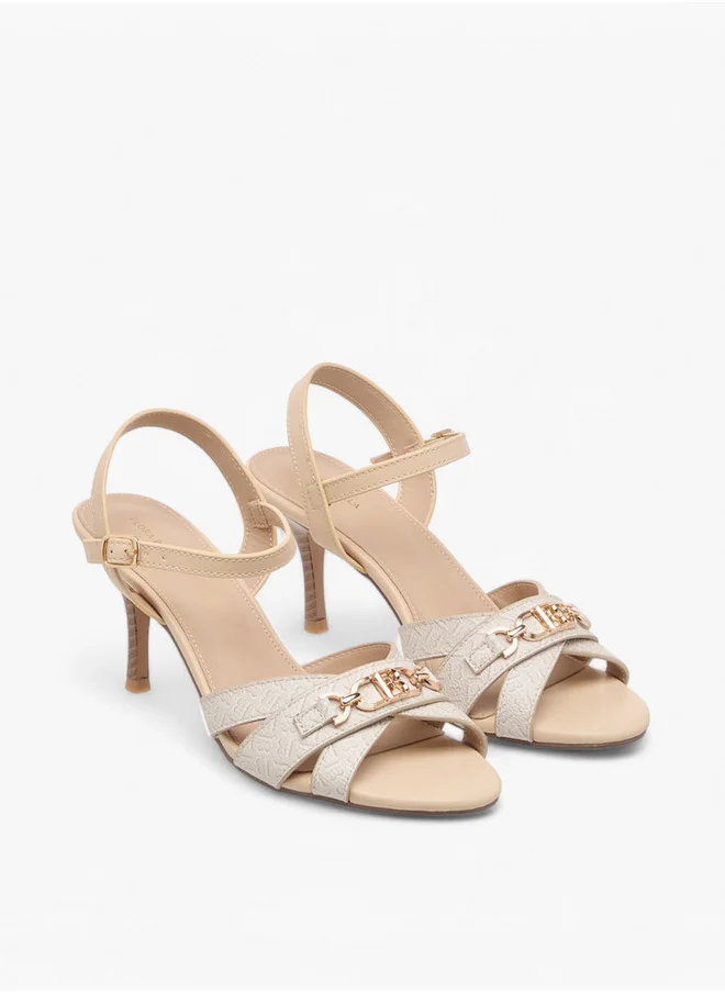 Flora Bella By Shoexpress Monogram Print Sandals with Stiletto Heels and Buckle Closure