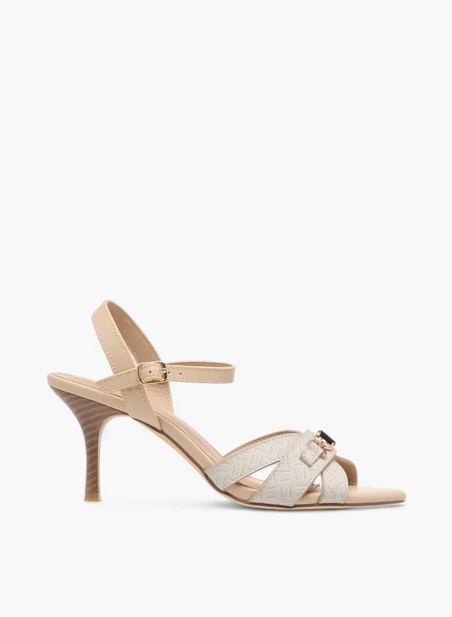 Monogram Print Sandals with Stiletto Heels and Buckle Closure
