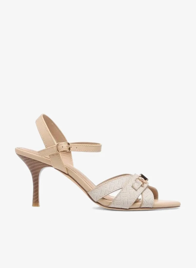 Flora Bella Monogram Print Sandals With Stiletto Heels And Buckle Closure
